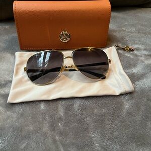 Tory Burch Gold Aviator Sunglasses with Orange Case